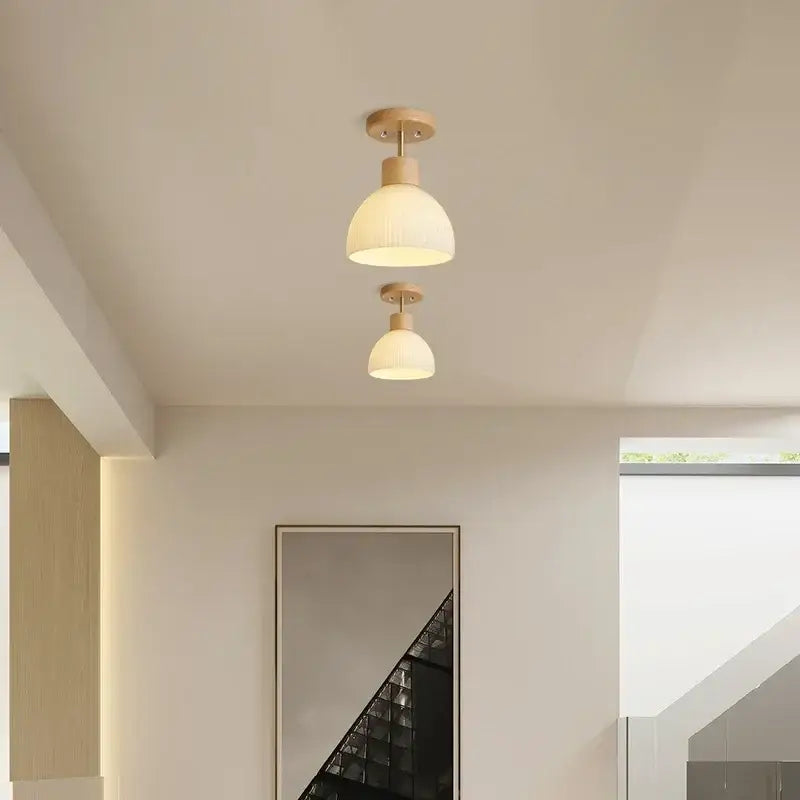 Plafonnier Scandinave Bois Et Verre Blanc Opalin

