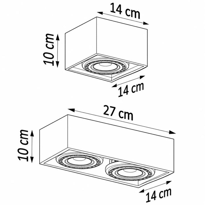 Plafonnier spot rectangulaire quatre avec deux ouvertures circulaires, volume géométrique en bloc rectangulaire, 27x14 cm