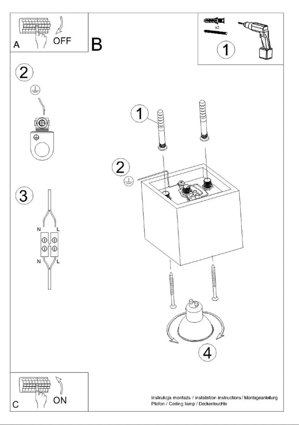 Diagramme d assemblage de plafonnier spot quad avec ampoules gu10 teintes mates incluant vis et connecteurs de câblage