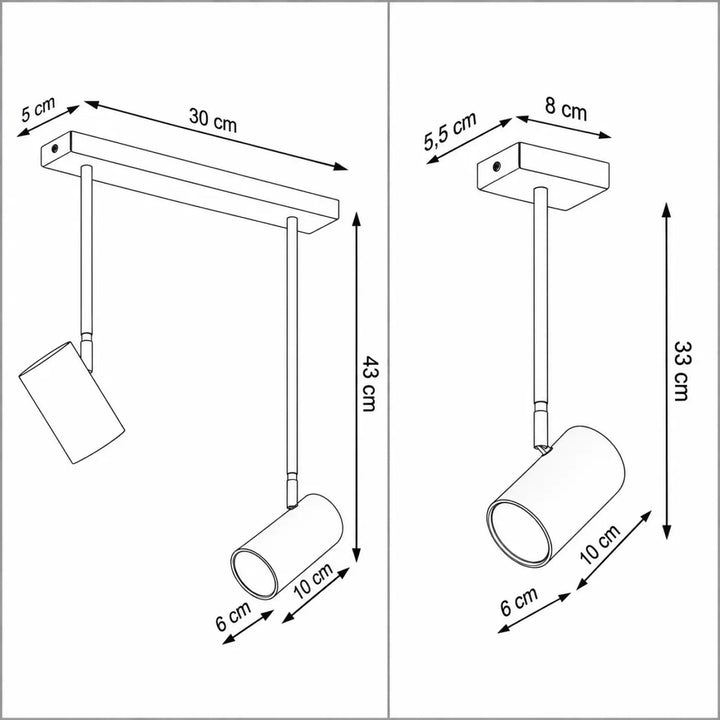 Luminaire plafonnier modèle double éclaire avec deux spots cylindriques sur tige d’acier noir pour lumière dirigée
