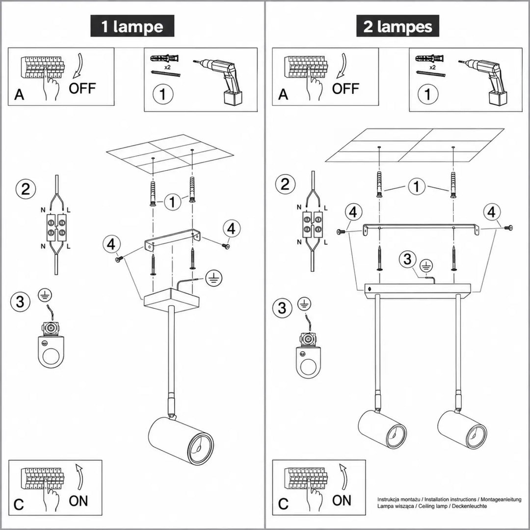 Diagramme dinstallation noir et blanc du luminaire plafonnier norano avec modèle double éclaire et tige d’acier noir pour lumière dirigée