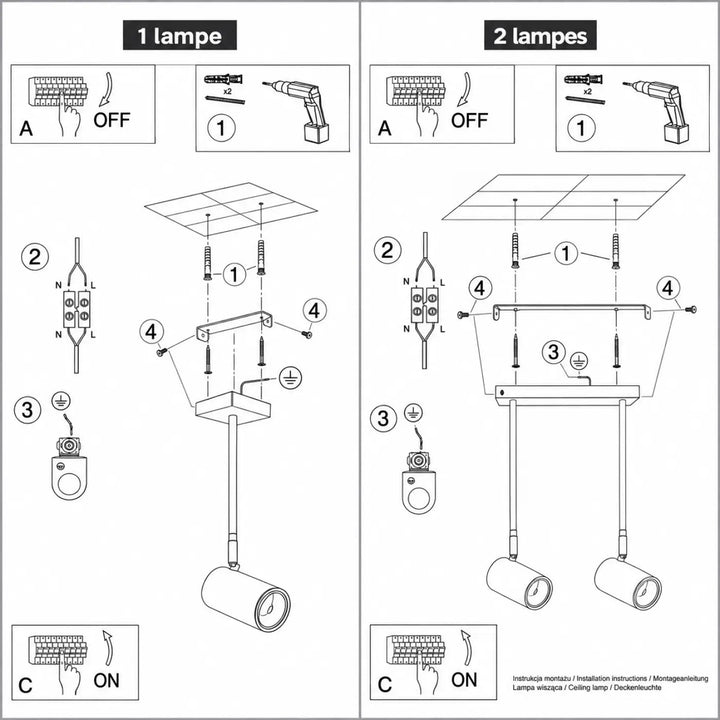 Diagramme dinstallation noir et blanc du luminaire plafonnier norano avec modèle double éclaire et tige d’acier noir pour lumière dirigée