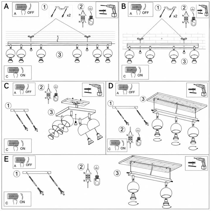 Diagramme d’assemblage détaillé du luminaire plafonnier oculare avec platine carrée et globes en verre pour coin repas
