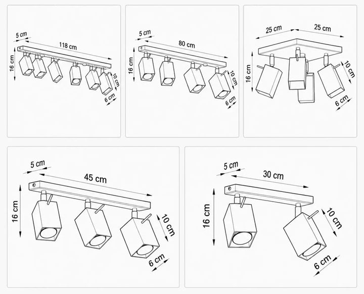 Luminaire plafonnier merida avec cinq spots cubiques orientables en finition métallique platine carrée seize centimètres