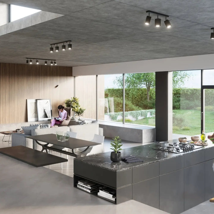 Luminaire plafonnier noir dans une cuisine contemporaine