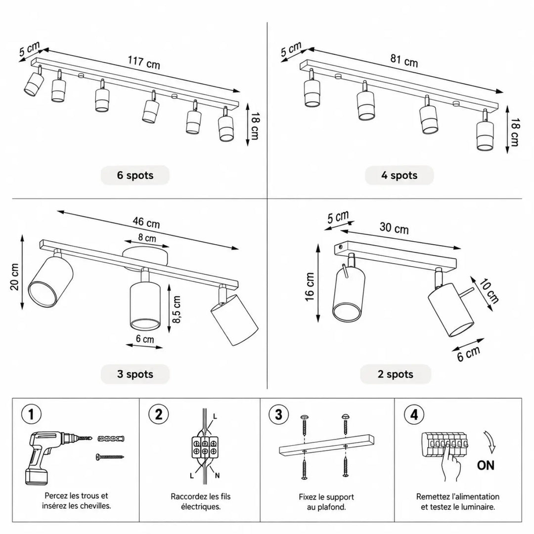 Luminaire plafonnier nero avec spots cylindriques métalliques ajustables et bague brillante, diamètre vingt-deux centimètres