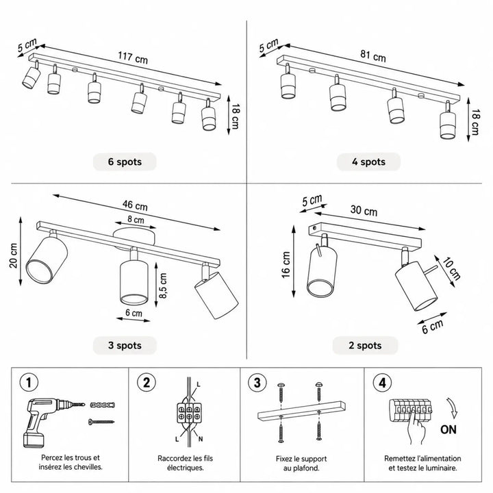 Luminaire plafonnier nero avec spots cylindriques métalliques ajustables et bague brillante, diamètre vingt-deux centimètres