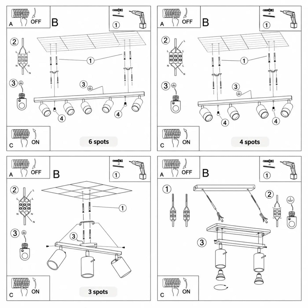 Luminaire plafonnier nero avec spots cylindriques réglables, bague brillante et montage de vingt-deux centimètres