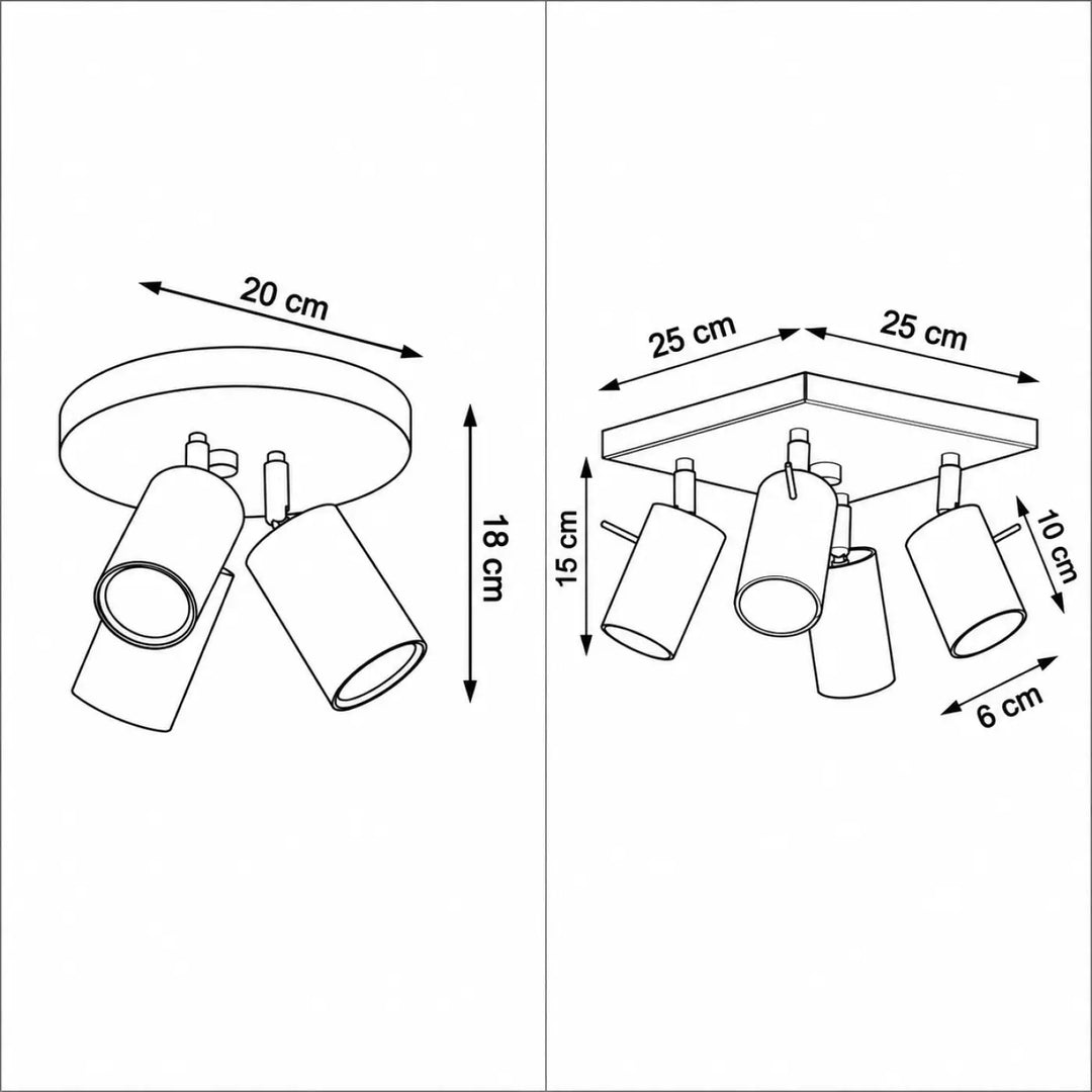 Luminaire plafonnier ring avec trois têtes cylindriques réglables sur platine carrée ou rosace ronde compatible ampoules gu10