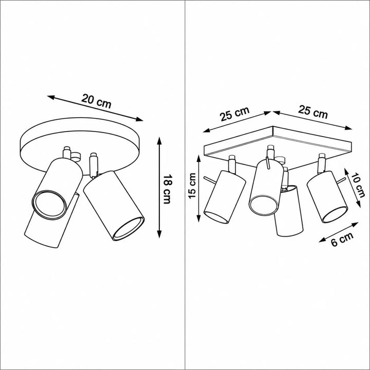 Luminaire plafonnier ring avec trois têtes cylindriques réglables sur platine carrée ou rosace ronde compatible ampoules gu10