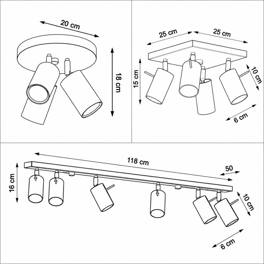 Luminaire plafonnier ring avec spots réglables cylindre en métal noir sur platine carrée avec ampoules gu10