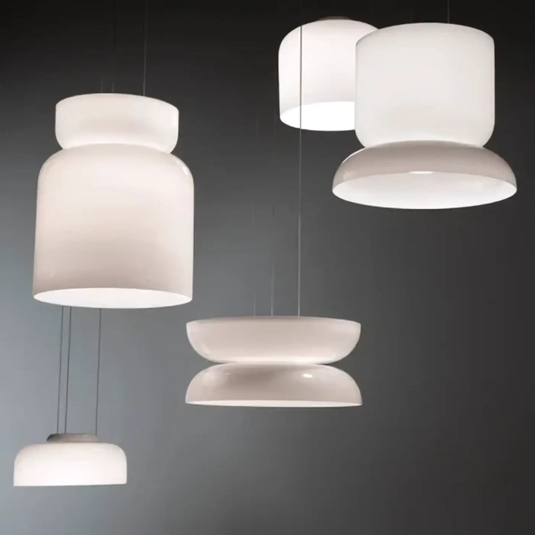 Luminaire plafonnier totem with modern white frosted verre opale soufflé glass and sleek tiered cylindrical design by pablo designs