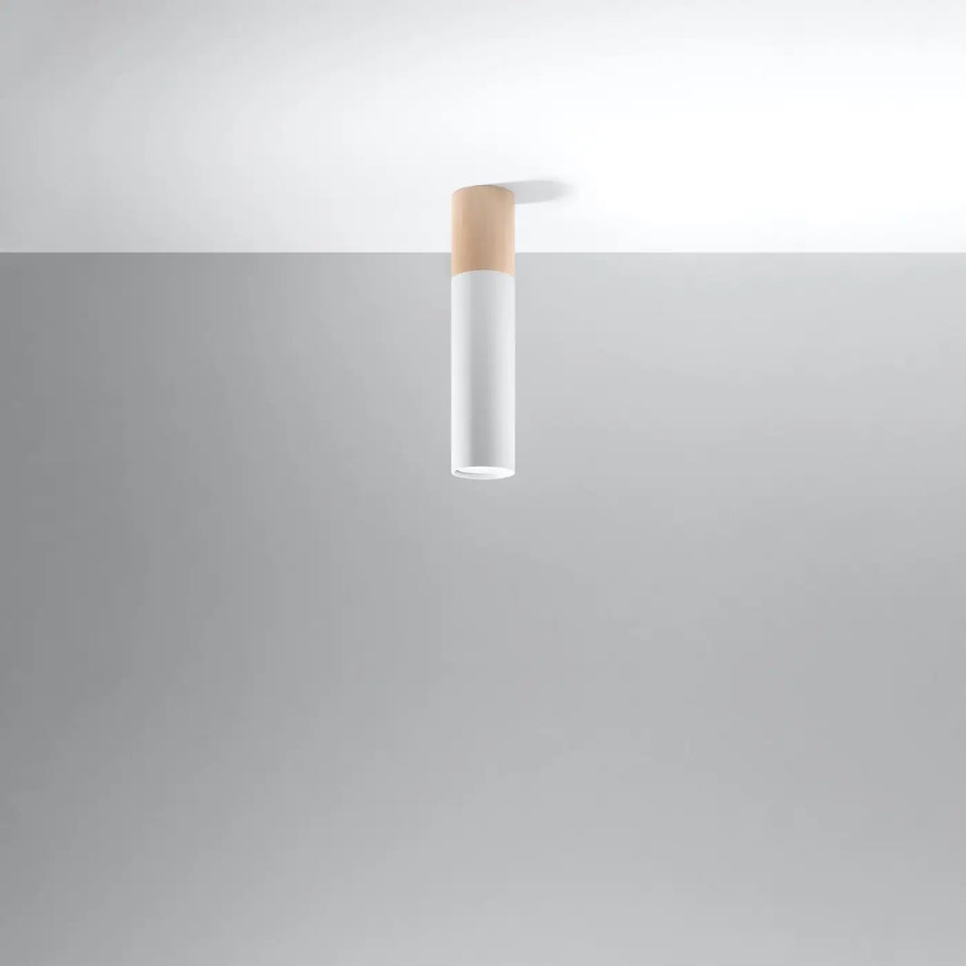 Luminaire plafonnier minimaliste en verre blanc mat et bois naturel avec tube d’acier blanc pour un design épuré