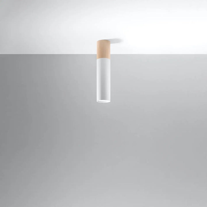 Luminaire plafonnier minimaliste en verre blanc mat et bois naturel avec tube d’acier blanc pour un design épuré