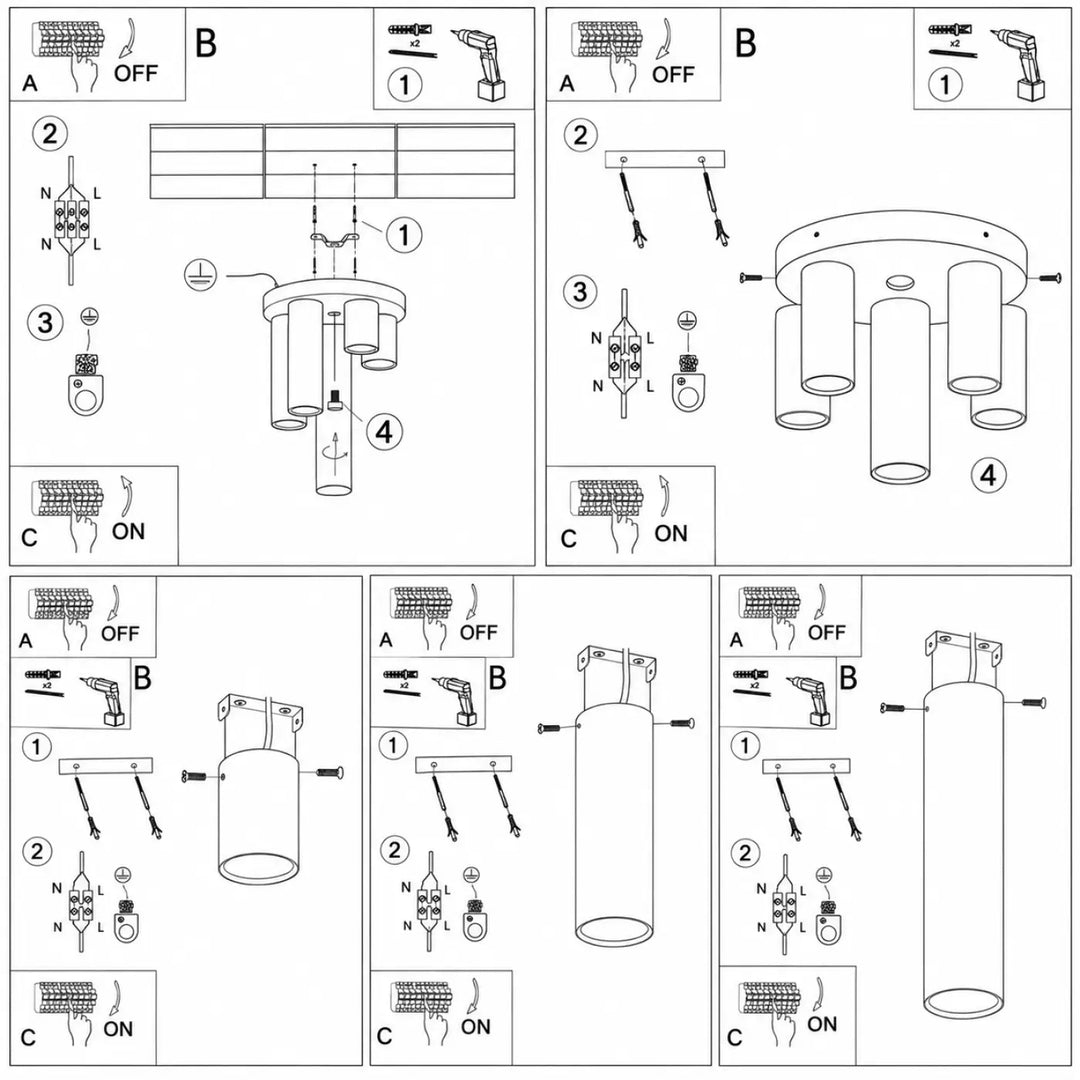 Diagrammes dassemblage dun luminaire plafonnier lagos avec tubes blancs et tube dacier lisse pour ampoule gu10