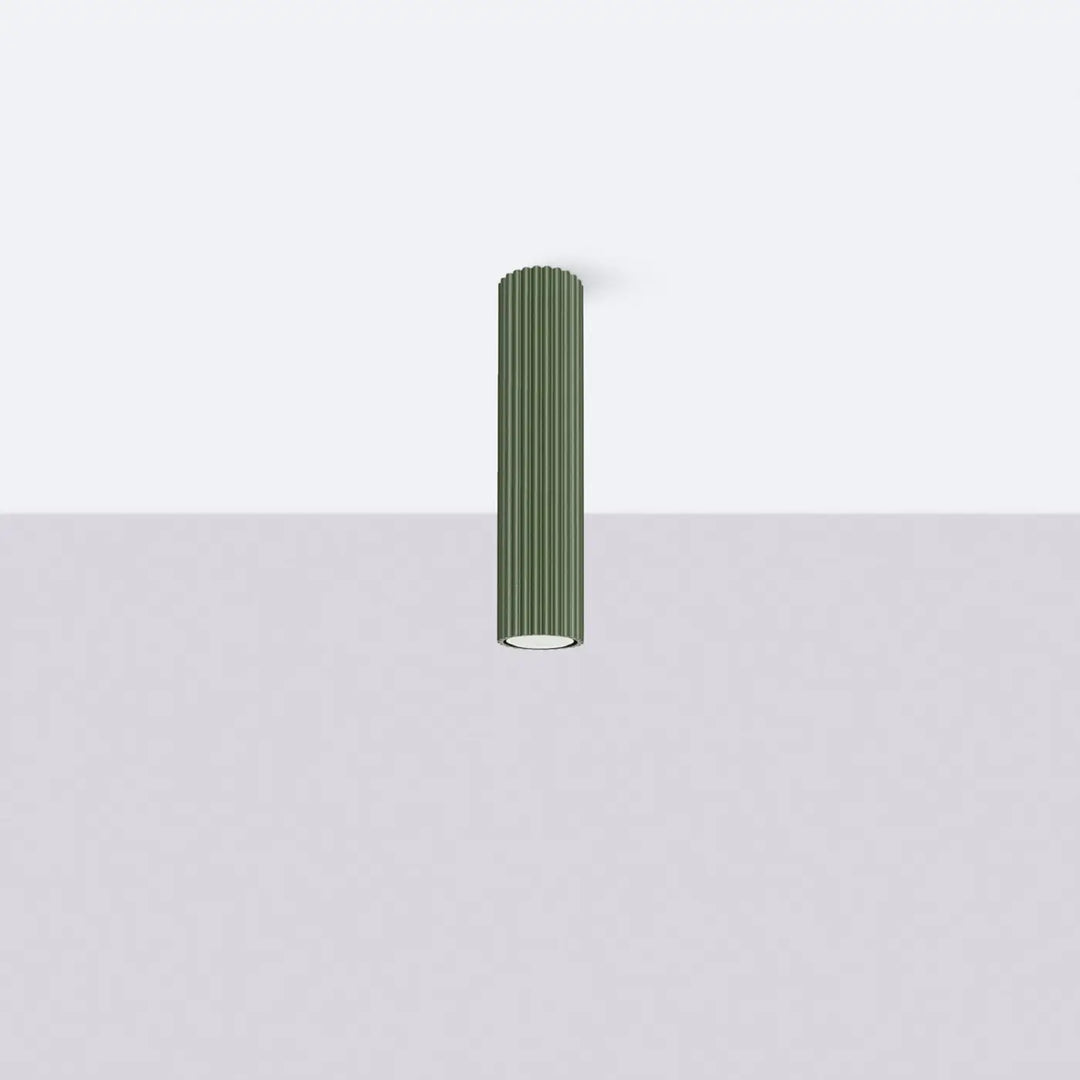 Plafonnier tube Karbon vert olive en aluminium cannelé, éteint
