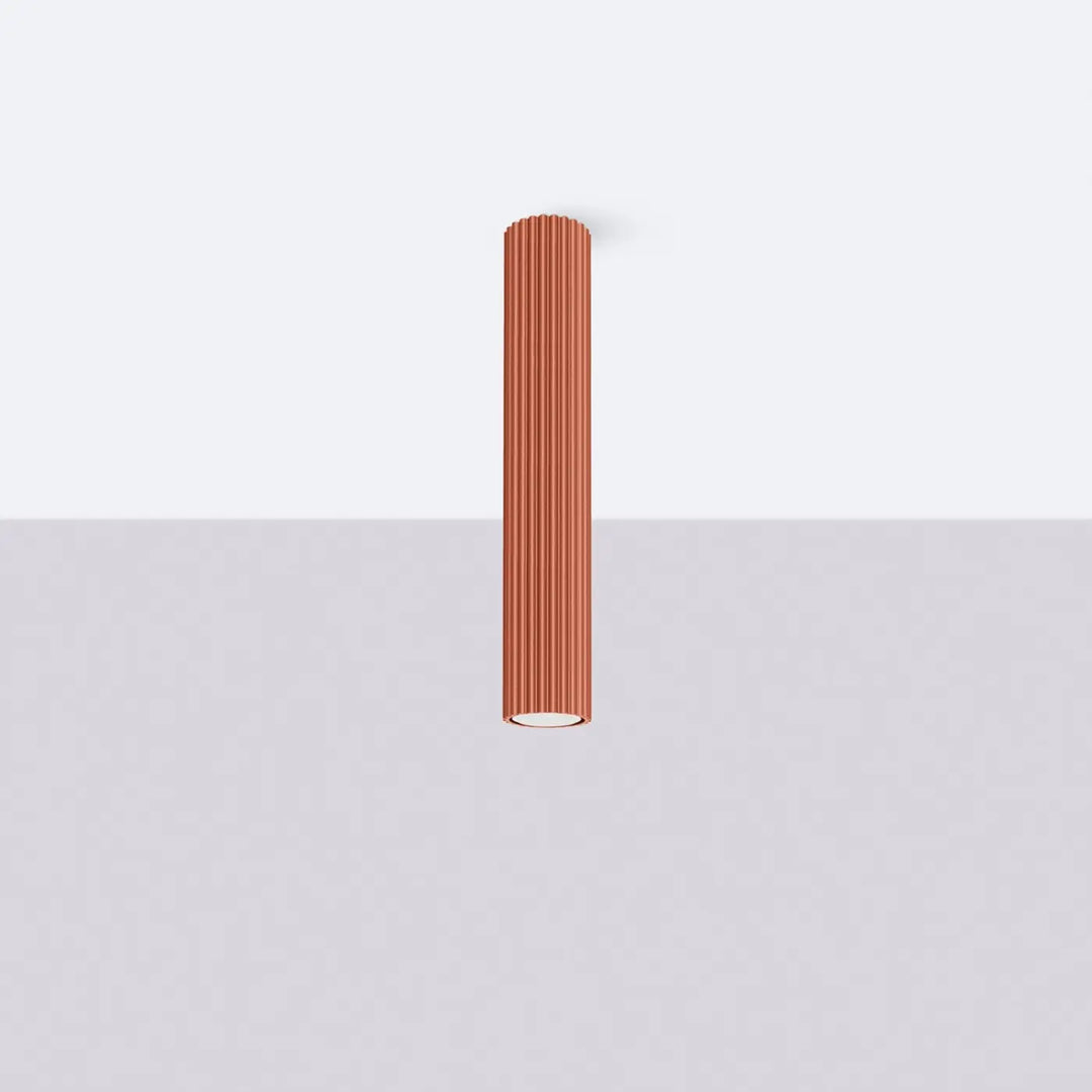 Plafonnier tube Karbon rouge ocre en aluminium cannelé, éteint