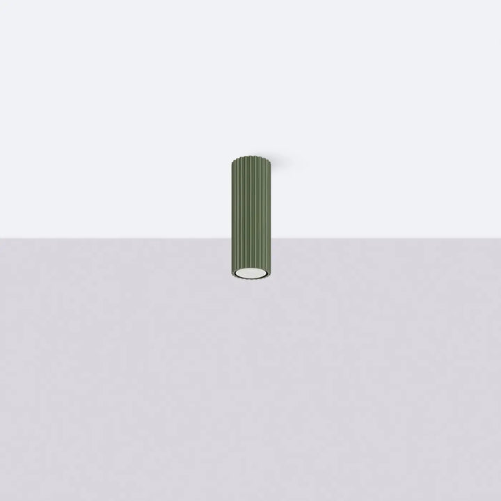 Plafonnier tube Karbon vert olive en aluminium cannelé, éteint