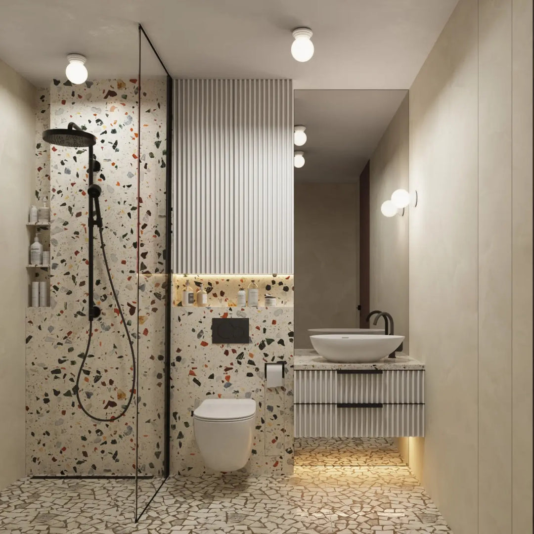 Le plafonnier zori blanc ip44 illumine une salle de bain moderne avec belle décoration et qualités esthétiques
