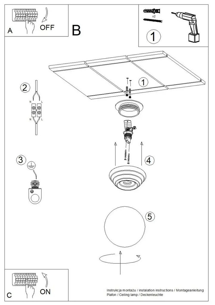 Diagramme de montage de lampe zori plafonnier blanc ip44 avec matériel de fixation pour belle décoration et qualités esthétiques