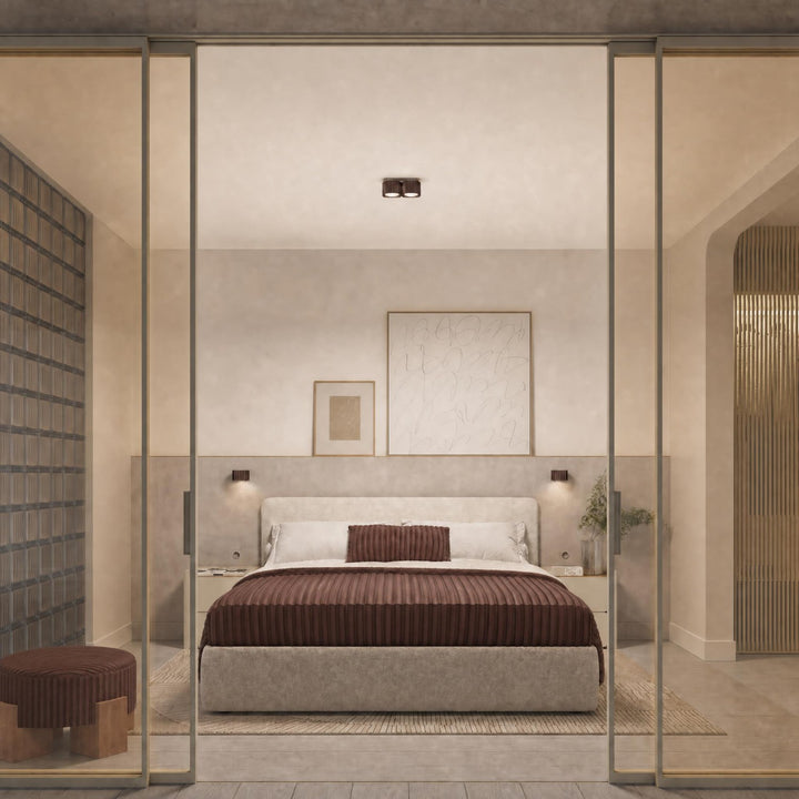 Plafonnier Riff marron carré en aluminium au plafond d'une chambre