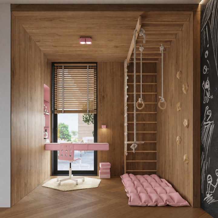 Plafonnier Riff rose carré en aluminium au plafond d'une chambre