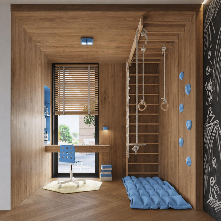 Plafonnier Riff bleu azur carré en aluminium au plafond d'une chambre
