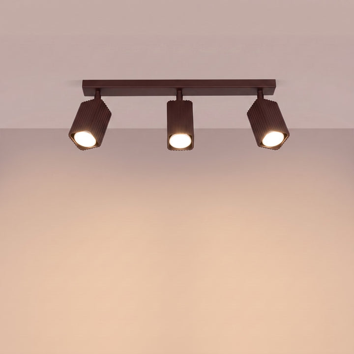 Plafonnier Rayo marron en rampe à spots orientables, allumé