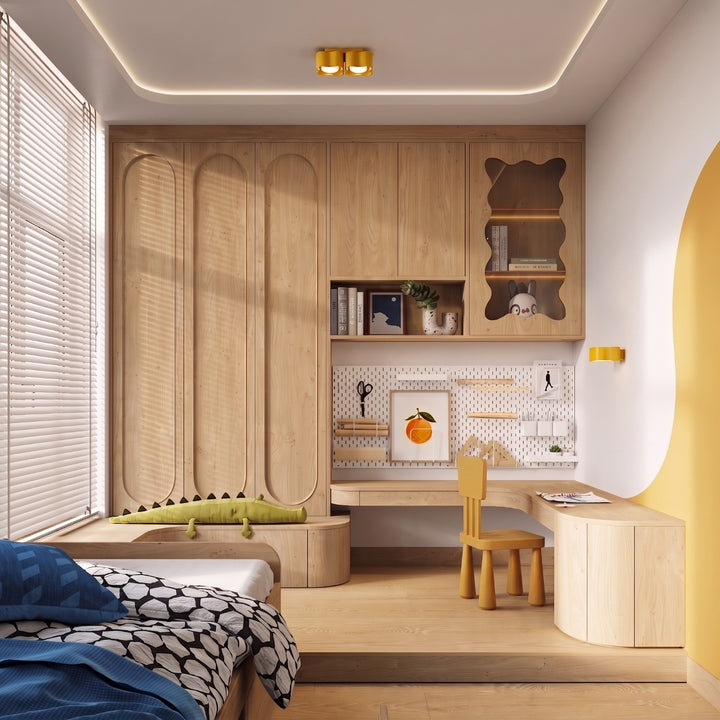 Plafonnier Ovio jaune en aluminium au plafond d'un dressing