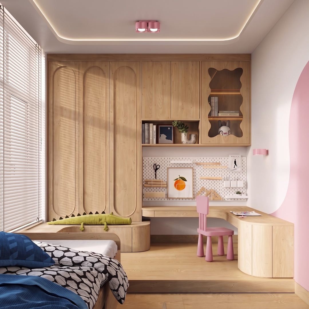 Plafonnier Ovio rose en aluminium au plafond d'un dressing