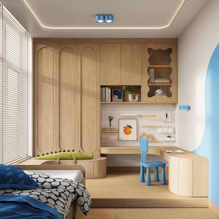 Plafonnier Ovio bleu azur en aluminium au plafond d'un dressing