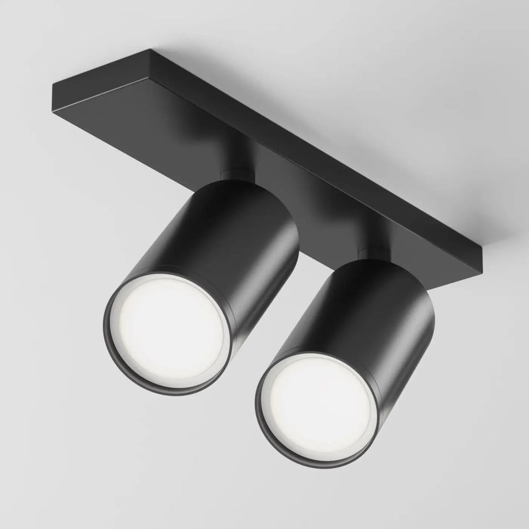 Spot double focus têtes orientables en finition noire mate avec double cylindre et led blanc pour longue base plafond
