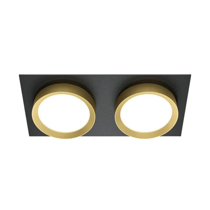 Black rectangular recessed ceiling light with two circular gold-toned fixtures spot hoop double design