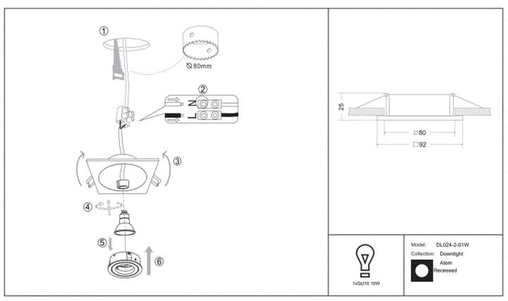 Spot encastrable atom carré dlg04-z-01w avec cadre carré et culot gu10 design moderne et élégant