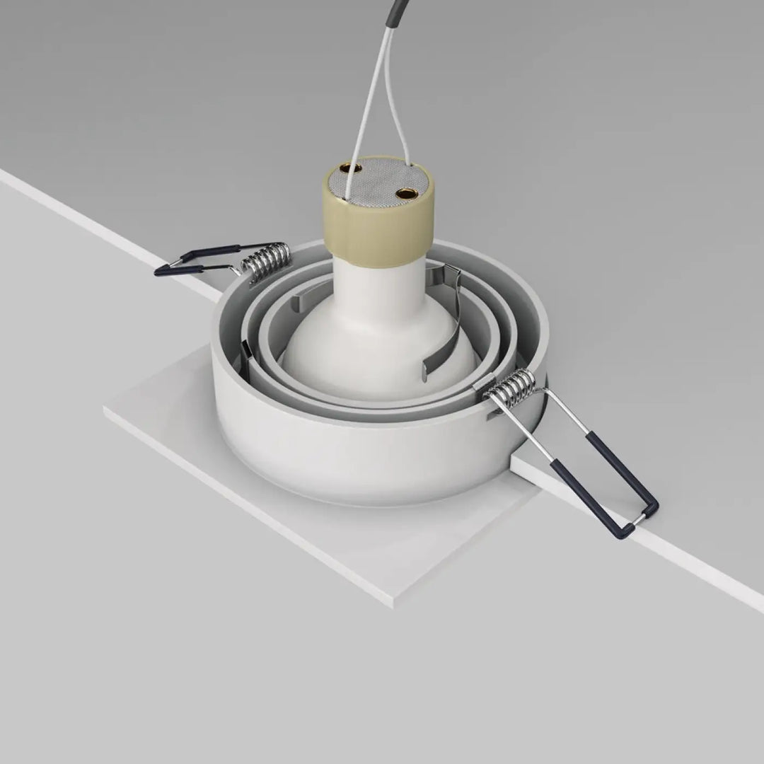 Spot encastrable atom carré blanc avec cadre carré beige en mesh et clips de montage ressort culot gu10
