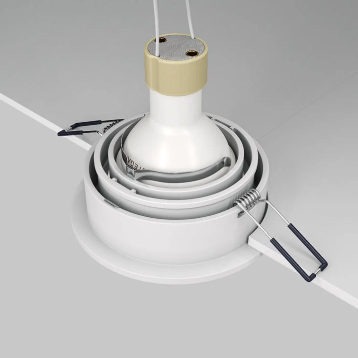 Spot encastrable atom rond en retrait blanc avec tête pivotante beige et clips métalliques pour faux plafond