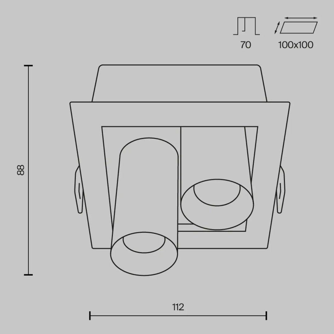 Spot magnum spot encastrable double avec deux boîtiers cylindriques en dessin technique pour éclairage plafond