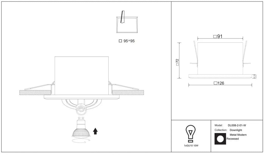Spot metal modern carré en acier noir avec design minimaliste et dimensions 95x95 mm pour installation encastrée