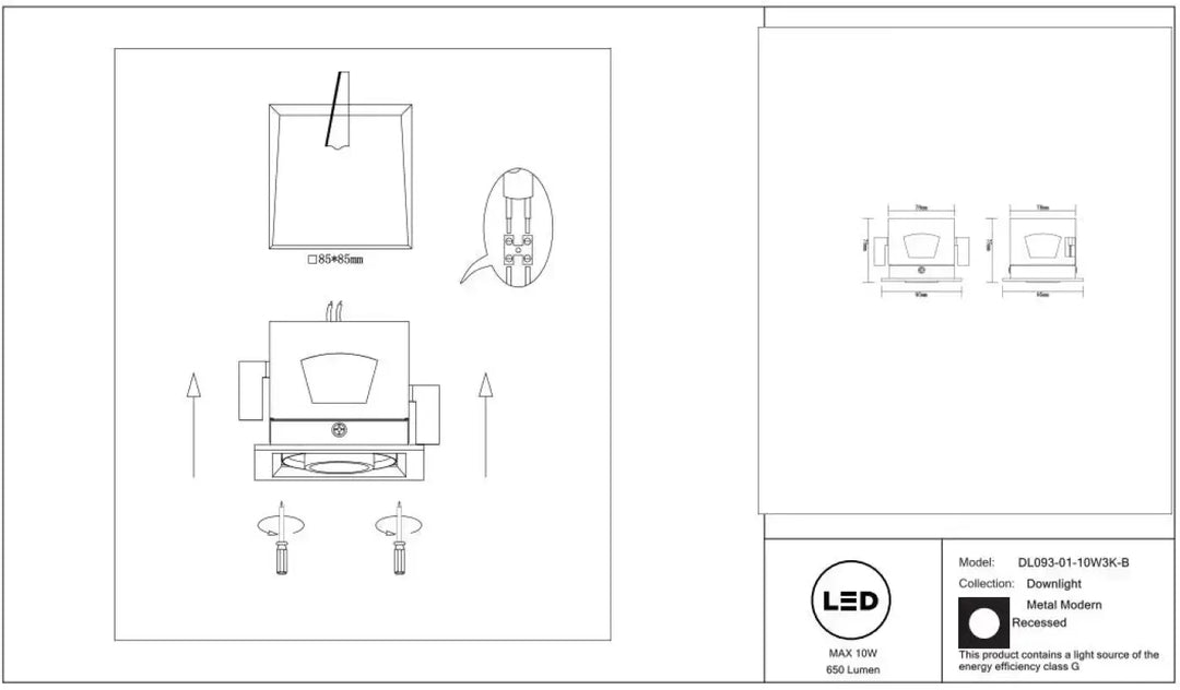 Metal modern led downlight recessed en métal avec design carré moderne modèle dl093-01-10w3k-b