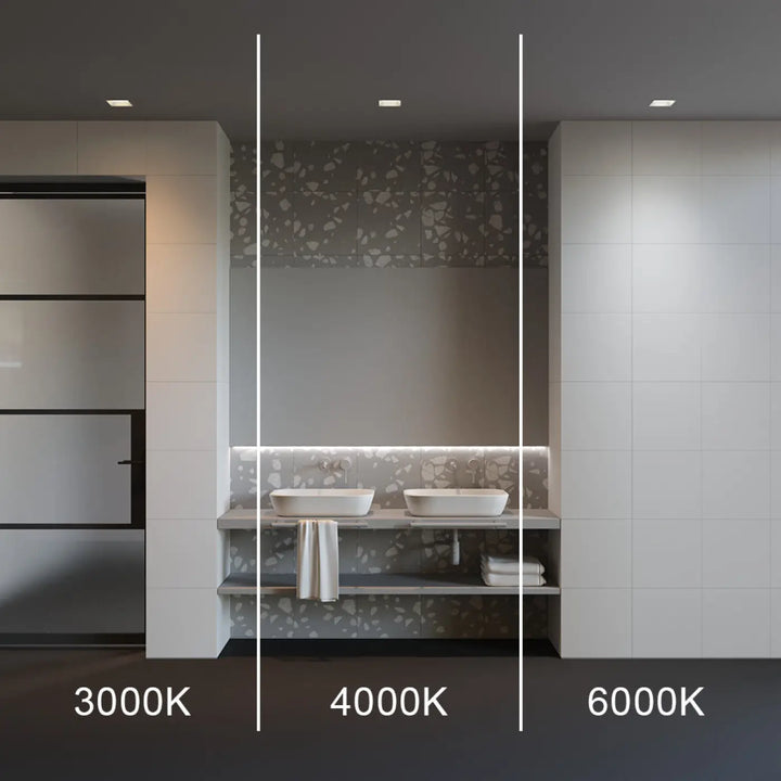 Modern bathroom vanity with panneau carré concrete countertop, two white ceramic sinks, and acier blanc minimalist shelving, indice ip44 compliant