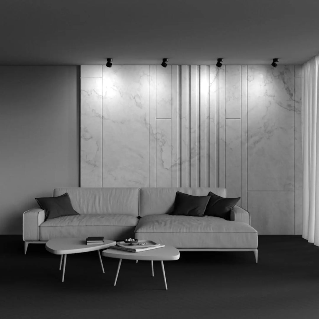 Modern canapé dangle gris spot onda avec coussins accents foncés intégrant un disque rétractable spot encastrable