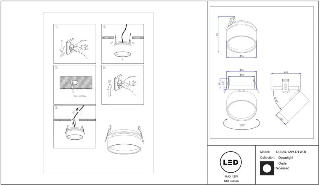 Spot onda led encastrable dl024-12w-dtw-b avec design rétractable dim to warm blanc pour éclairage intérieur