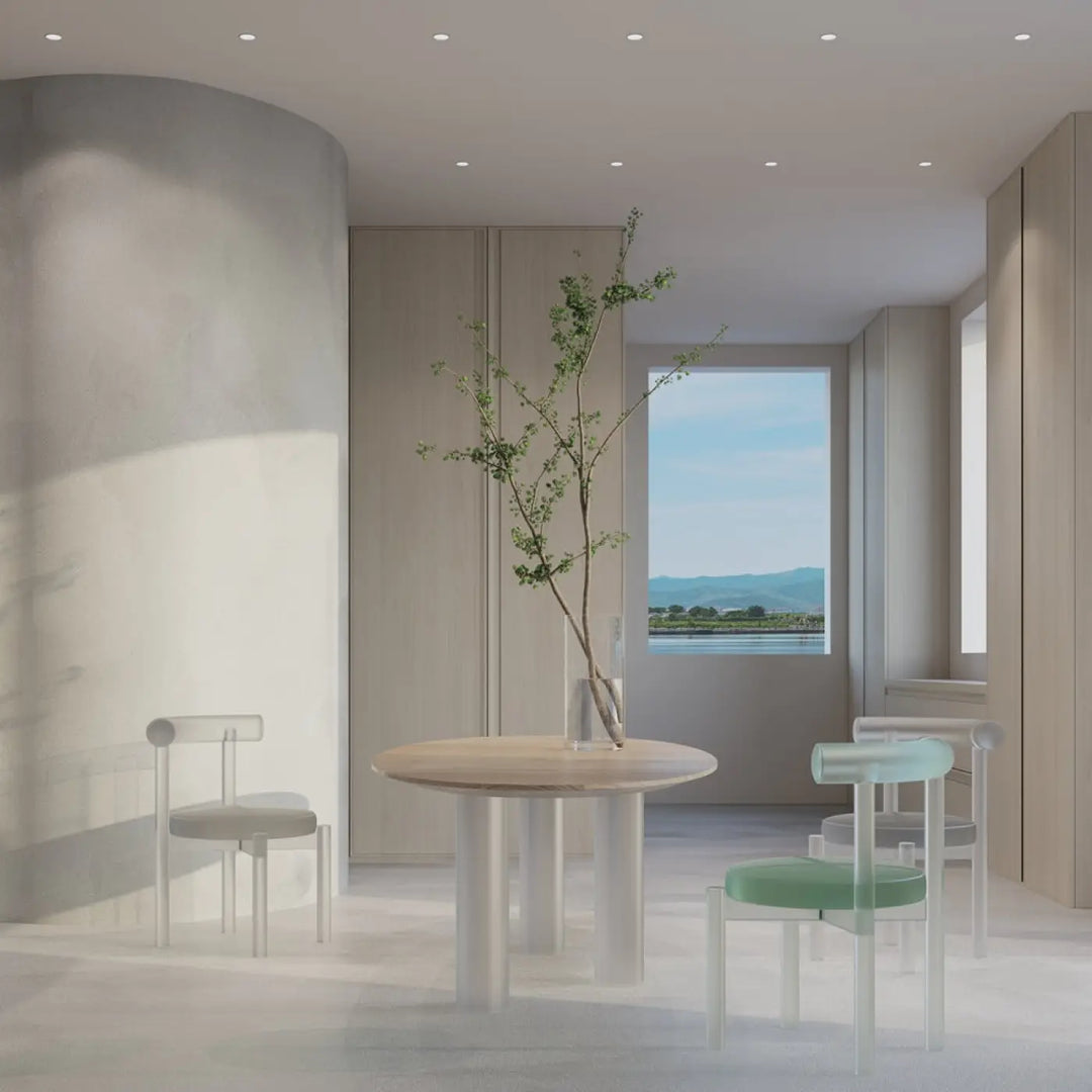 Table ronde minimaliste spot encastrable reif en bois clair avec collerette fine blanche pour ampoule gu10