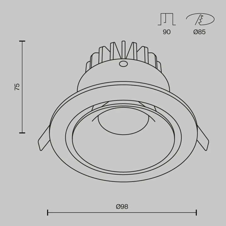 Spot yin spot encastré de 75mm avec ampoule gu10 et design circulaire à ailettes dissipant la chaleur