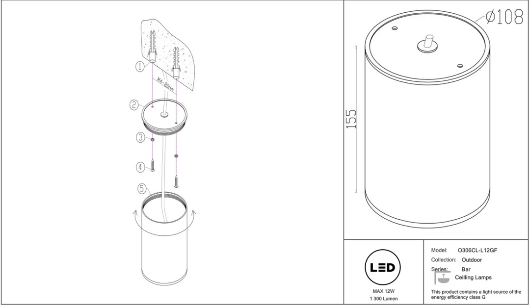 Spot extérieur cylindrique en métal graphite avec led protection ip65 modèle o306cl-l12gf pour luminaire extérieur bar