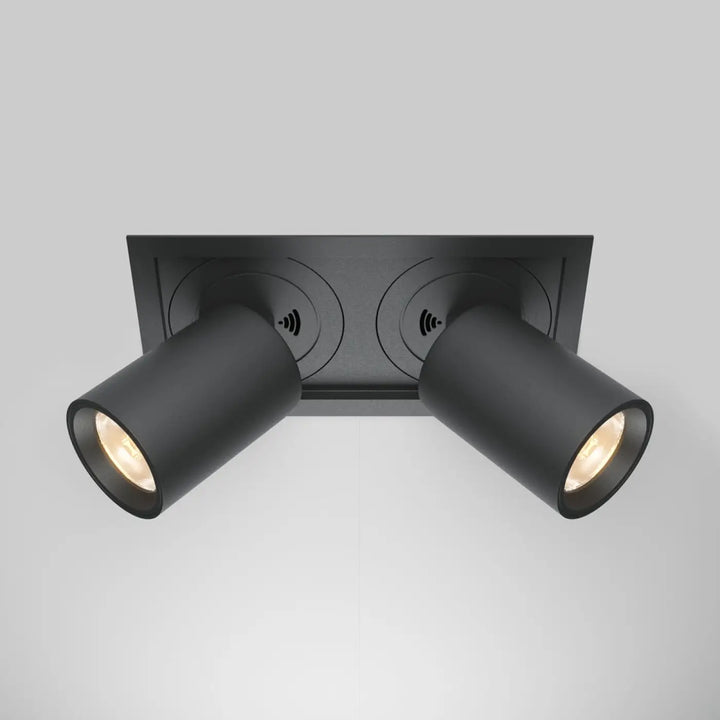 Spot hidden led rétractable en acier noir mat avec double tête cylindrique vue arrière et icônes de signal sans fil