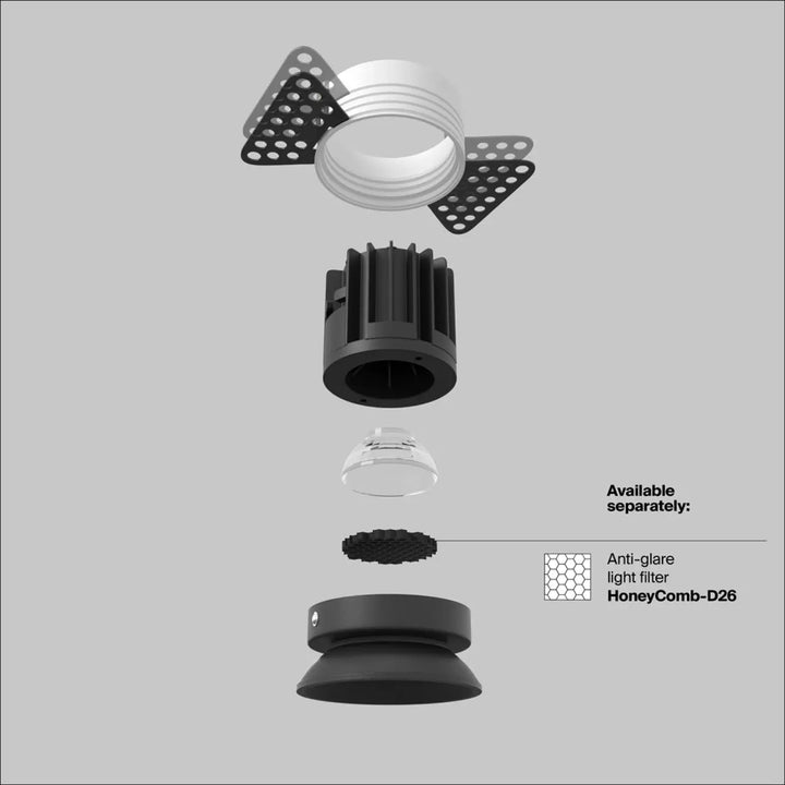 Spot led encastré round compact blanc chaud avec filtre nid dabeille modulaire noir et blanc au plafond