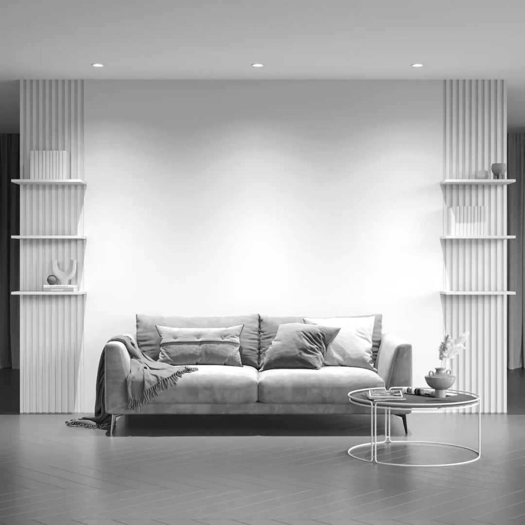 Canapé moderne en velours gris avec coussins capitonnés et couverture drapée spot yin led intégrée blanc chaud