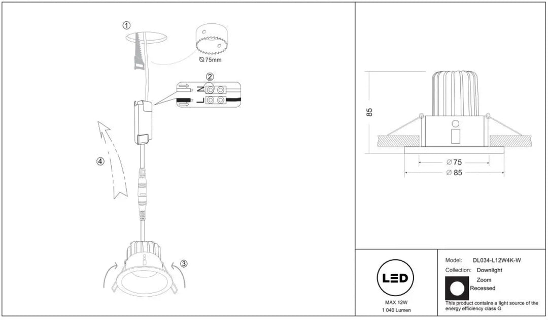 Spot led encastré zoom avec diffuseur cylindrique nervuré et indice ip65 en blanc chaud intégré