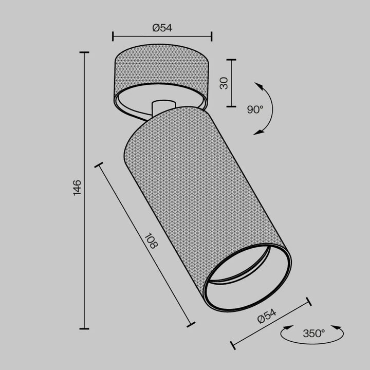 Spot orientable adjustable en aluminium texturé avec tête orientable et rotation de 350 degrés pour éclairage cylindrique